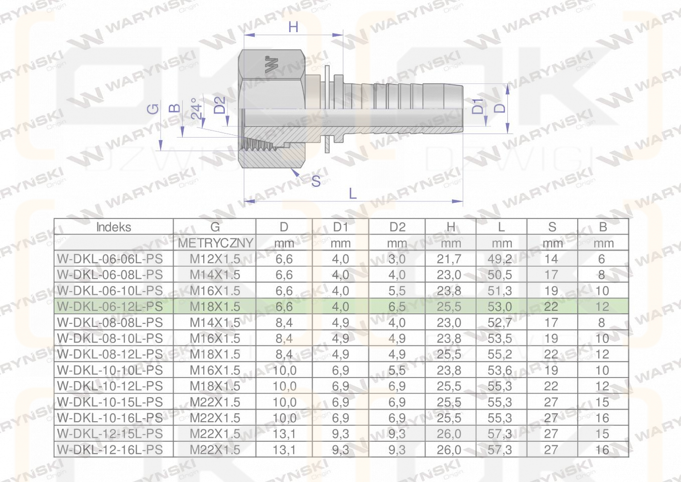 Zakucie hydrauliczne DKL DN06 12L M18x1.5 PREMIUM Waryński ( sprzedawane po 10 )
