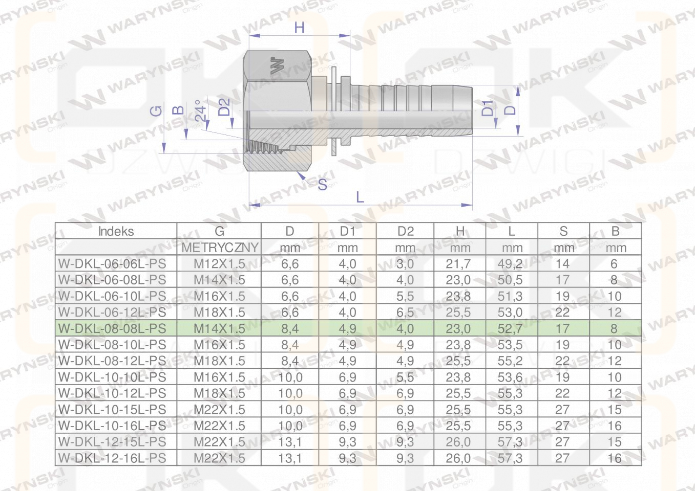 Zakucie hydrauliczne DKL DN08 08L M14x1.5 PREMIUM Waryński ( sprzedawane po 10 )