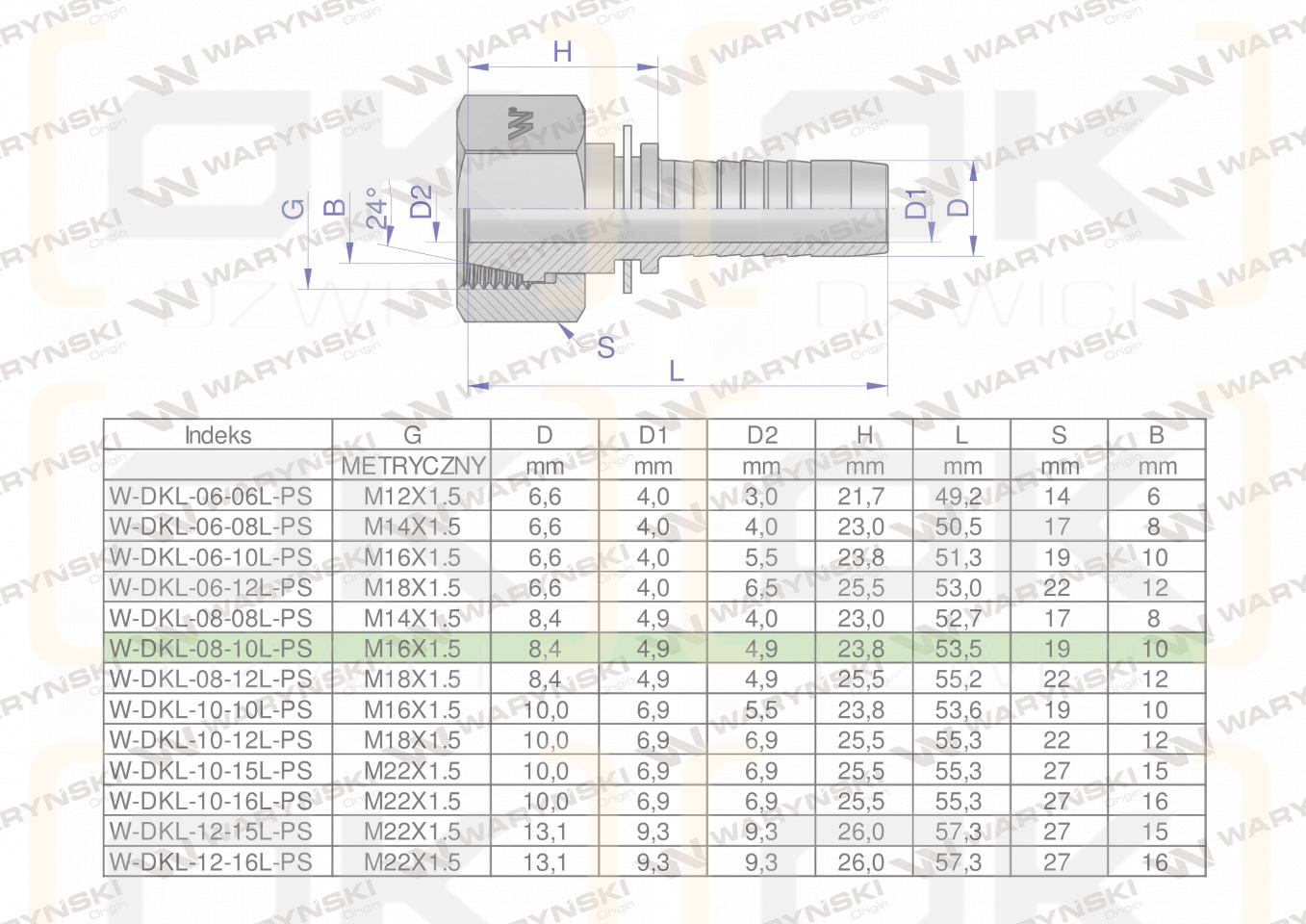Zakucie hydrauliczne DKL DN08 10L M16x1.5 PREMIUM Waryński ( sprzedawane po 25 )