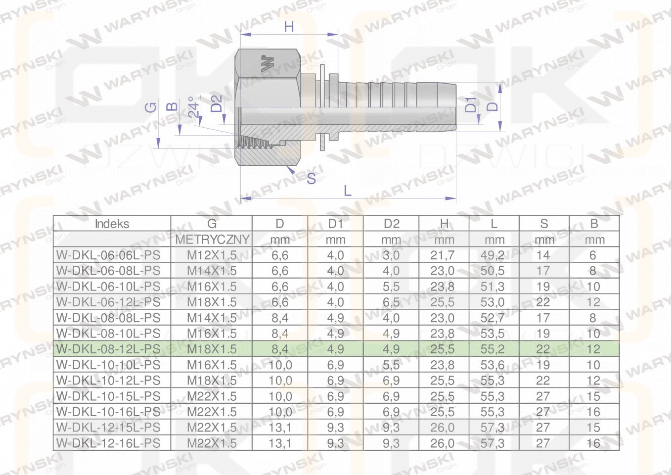 Zakucie hydrauliczne DKL DN08 12L M18x1.5 PREMIUM Waryński ( sprzedawane po 10 )