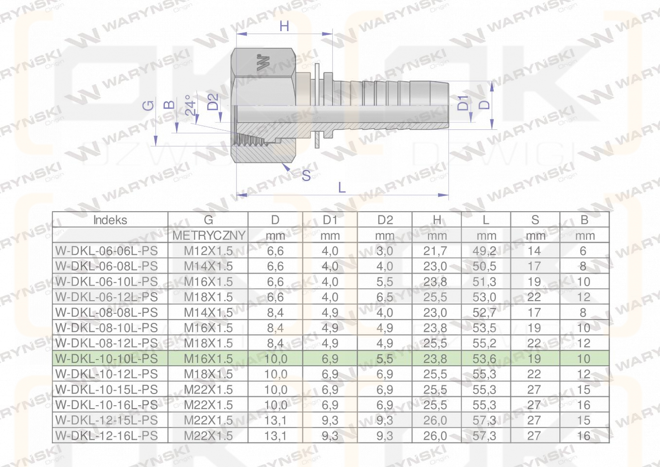 Zakucie hydrauliczne DKL DN10 10L M16x1.5 PREMIUM Waryński ( sprzedawane po 10 )