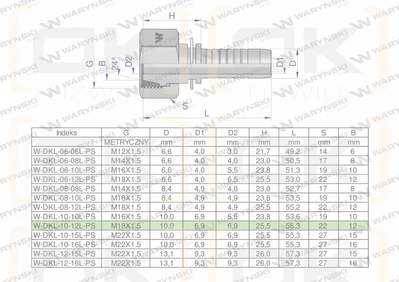 Zakucie hydrauliczne DKL DN10 12L M18x1.5 PREMIUM Waryński ( sprzedawane po 25 )