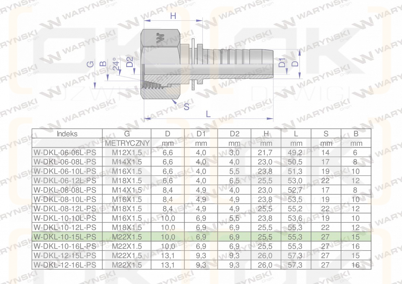 Zakucie hydrauliczne DKL DN10 15L M22x1.5 PREMIUM Waryński ( sprzedawane po 25 )