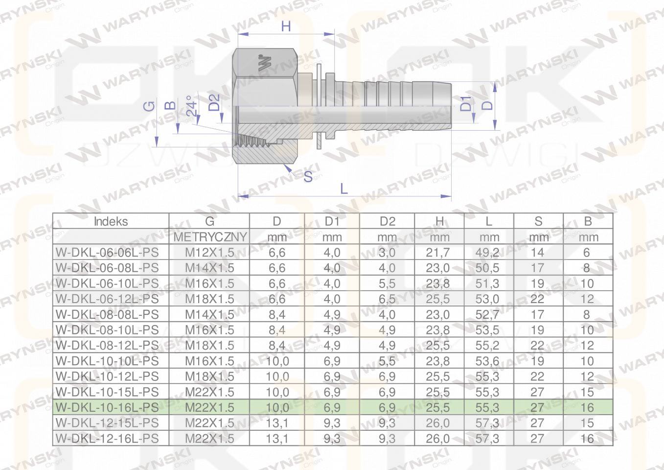 Zakucie hydrauliczne DKL DN10 16L M22x1.5 PREMIUM Waryński ( sprzedawane po 25 )