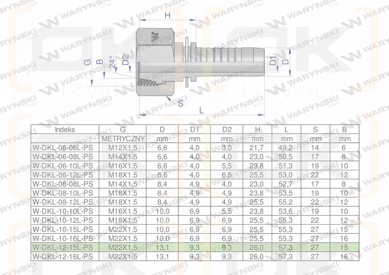 Zakucie hydrauliczne DKL DN13 15L M22x1.5 PREMIUM Waryński ( sprzedawane po 25 )