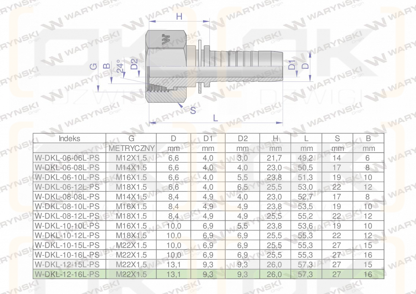 Zakucie hydrauliczne DKL DN13 16L M22x1.5 PREMIUM Waryński ( sprzedawane po 25 )