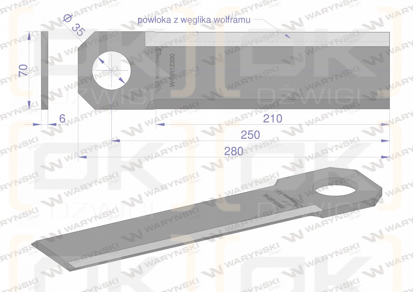 Nóż przystawki do kukurydzy napawany 290x70x6 otwór 35mm zastosowanie Olimac Drago WARYŃSKI