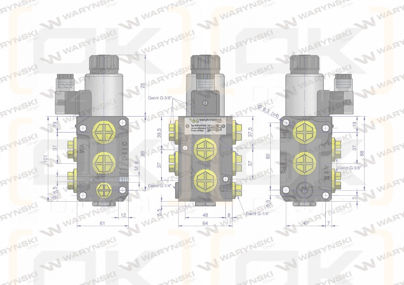 Dzielnik, zawór, elektrozawór kierunkowy elektromagnetyczny kontroli W-E38DVS6/2 (DVS6/50 L/MIN) G3/8