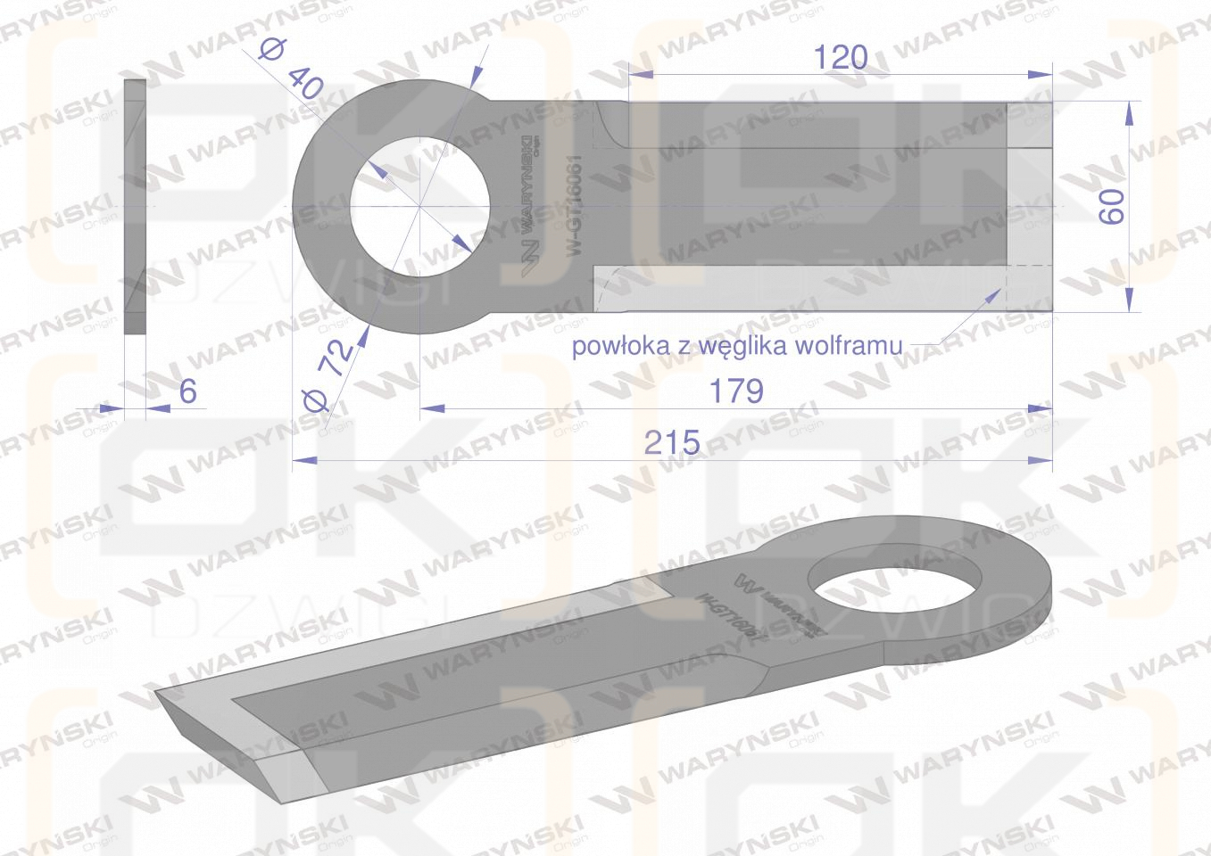 Nóż krótki przystawki do kukurydzy napawany 215x60x6 otwór 40mm zastosowanie Olimac Drago WARYŃSKI