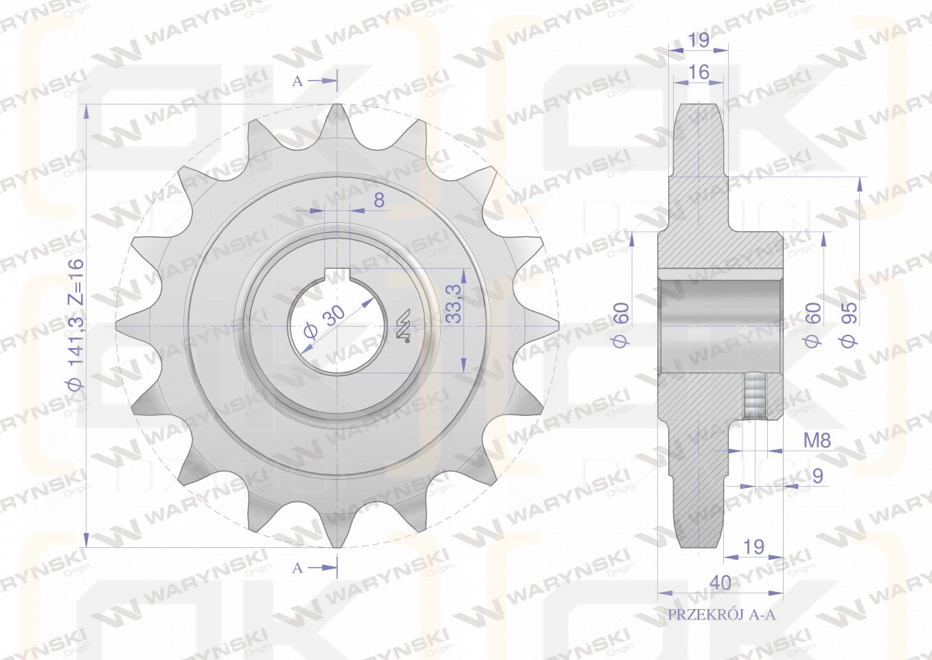 Chain wheel, hardened steel Z-16 1" fi-30, Spreader, Waryński