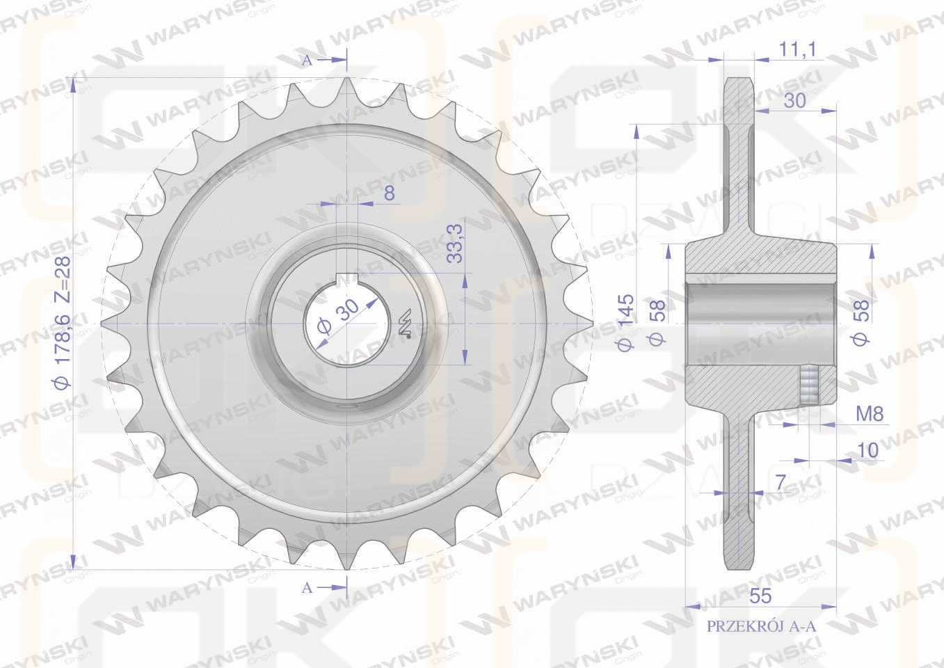 Chain wheel, hardened steel Z-28 3/4" fi-30 2213050060, Spreader, Waryński