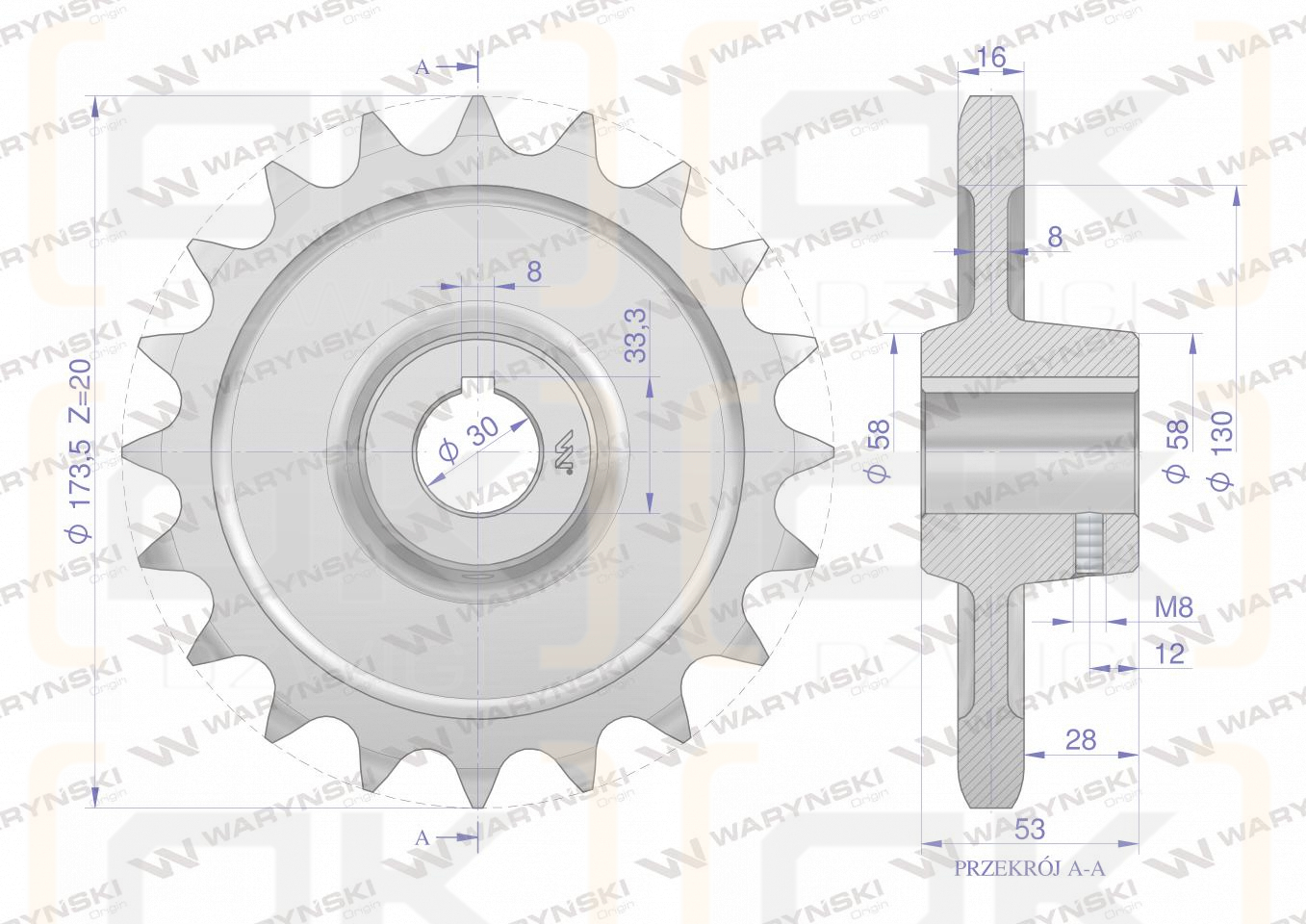 Chain wheel, hardened steel Z-20 1" fi-30 2208050063, Spreader, Waryński