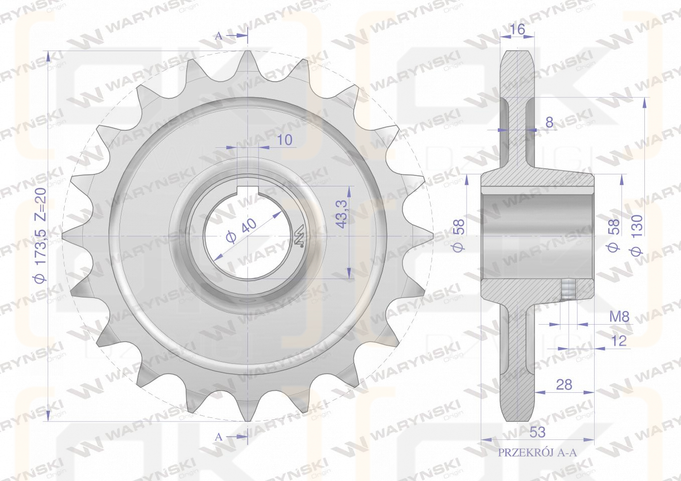 Chain wheel, hardened steel Z-20 1" fi-40, Spreader, Waryński