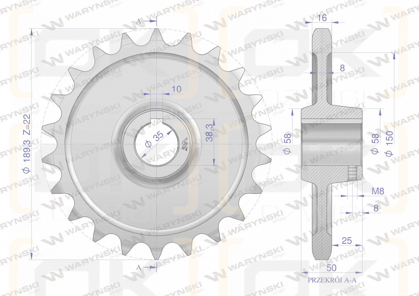 Hardened steel chain wheel Z-22 1" fi-35, Spreader, Waryński