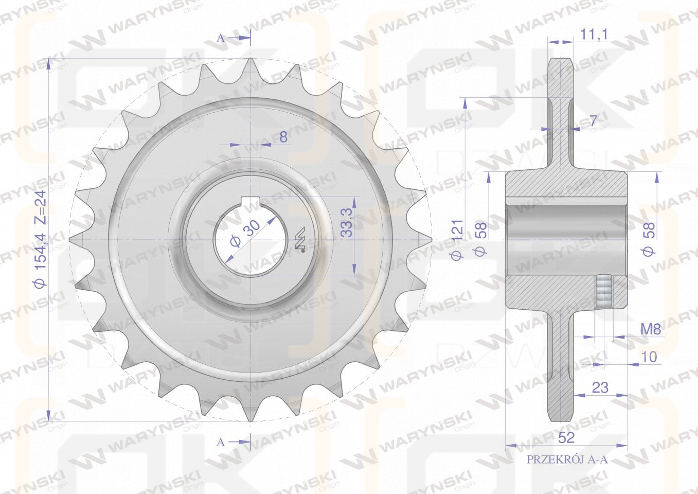 Chain wheel, hardened steel Z-24 3/4" fi-30, Spreader, Waryński