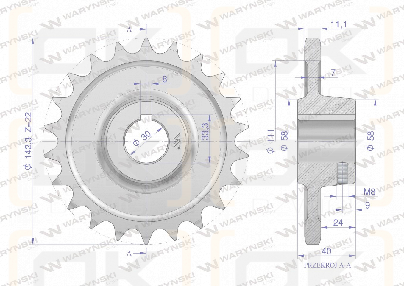 Chain wheel, hardened steel Z-22 3/4" fi-30 2208050040, Spreader, Waryński