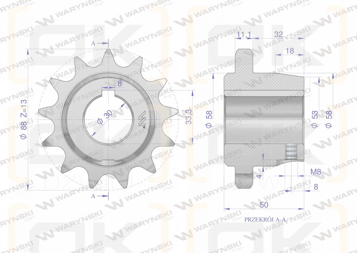 Chain wheel, hardened steel Z-13 3/4" fi-30 with hub sleeve 2219060080, Rozrzutnik, Waryński