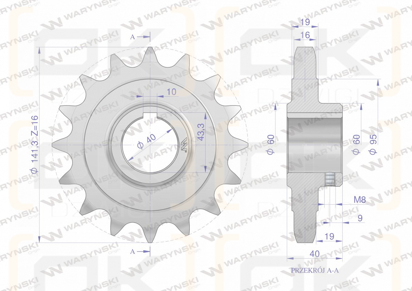 Chain wheel, hardened steel Z-16 1" fi-40 2208050043, Spreader, Waryński