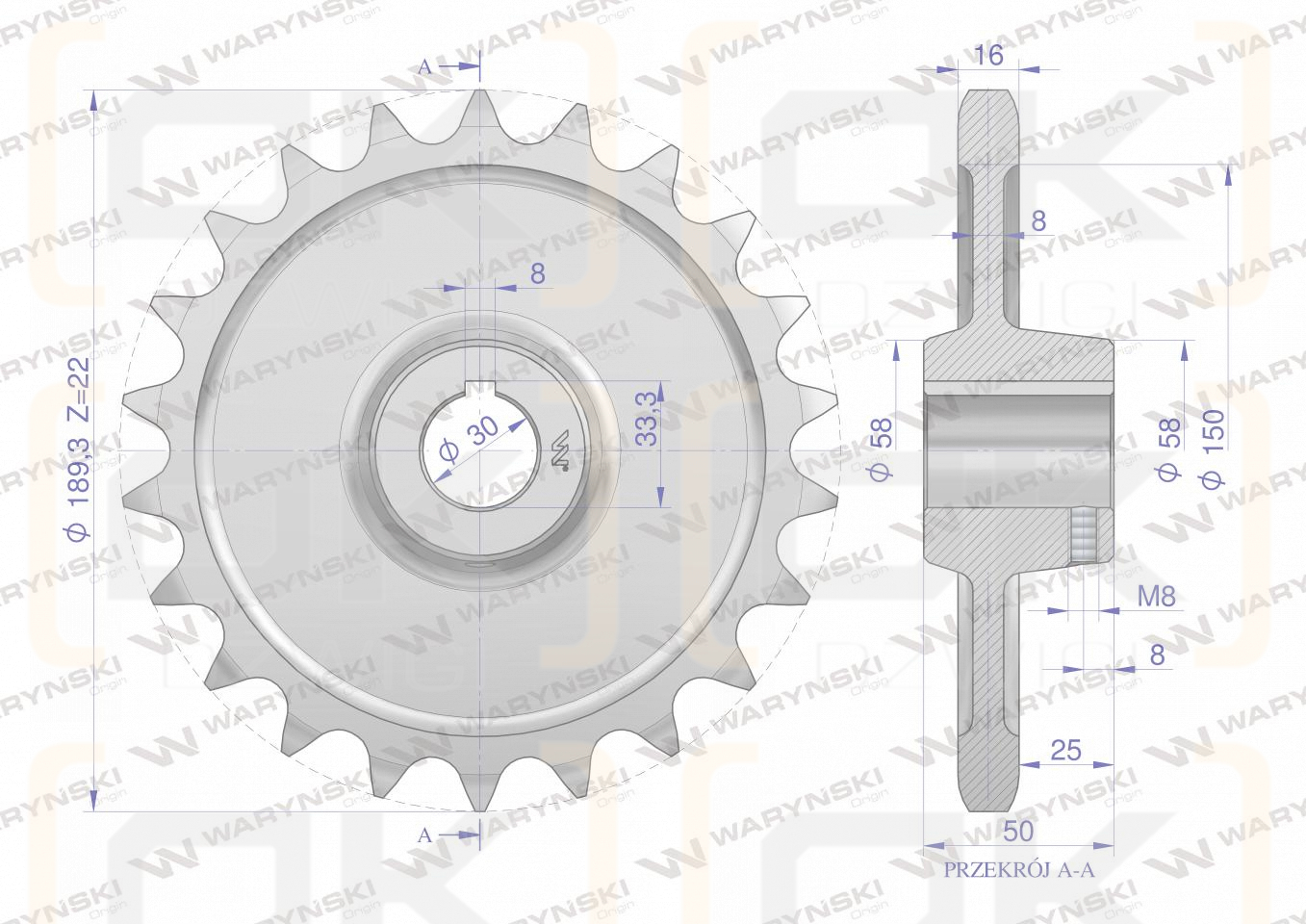 Hardened steel chain wheel Z-22 1" fi-30, Spreader, Waryński