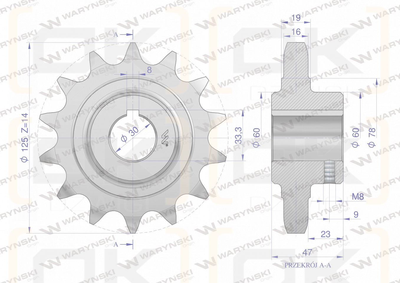 Chain wheel, hardened steel Z-14 1" fi-30 2219250030, Spreader, Waryński