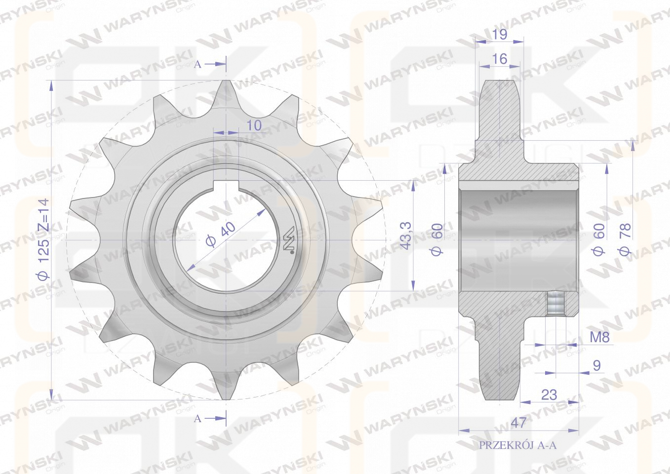 Chain wheel, hardened steel Z-14 1" fi-40 2219100080, Spreader, Waryński