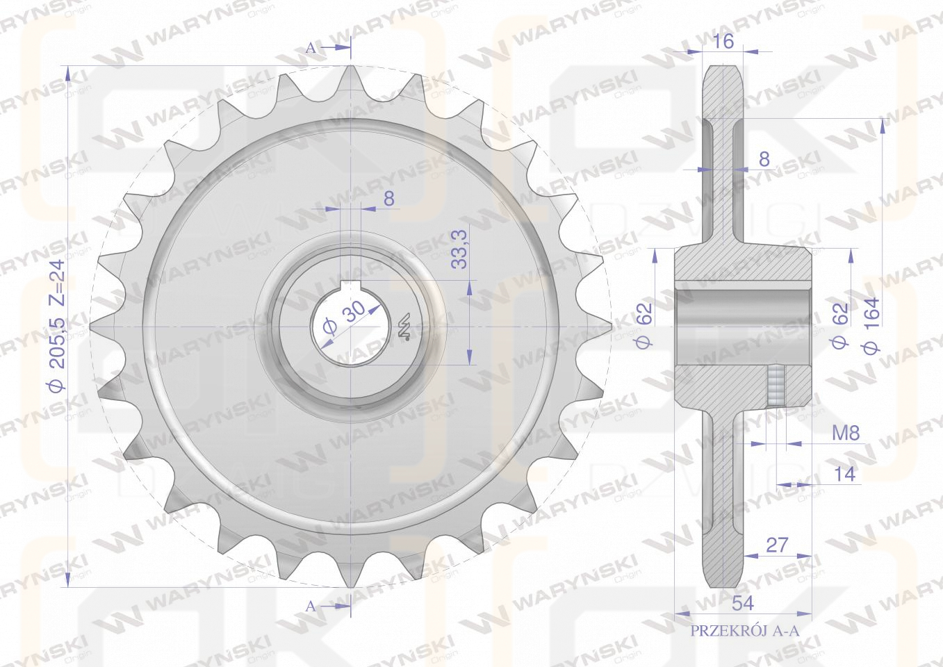Chain wheel, hardened steel Z-24 1" fi-30 2219250031, Spreader, Waryński