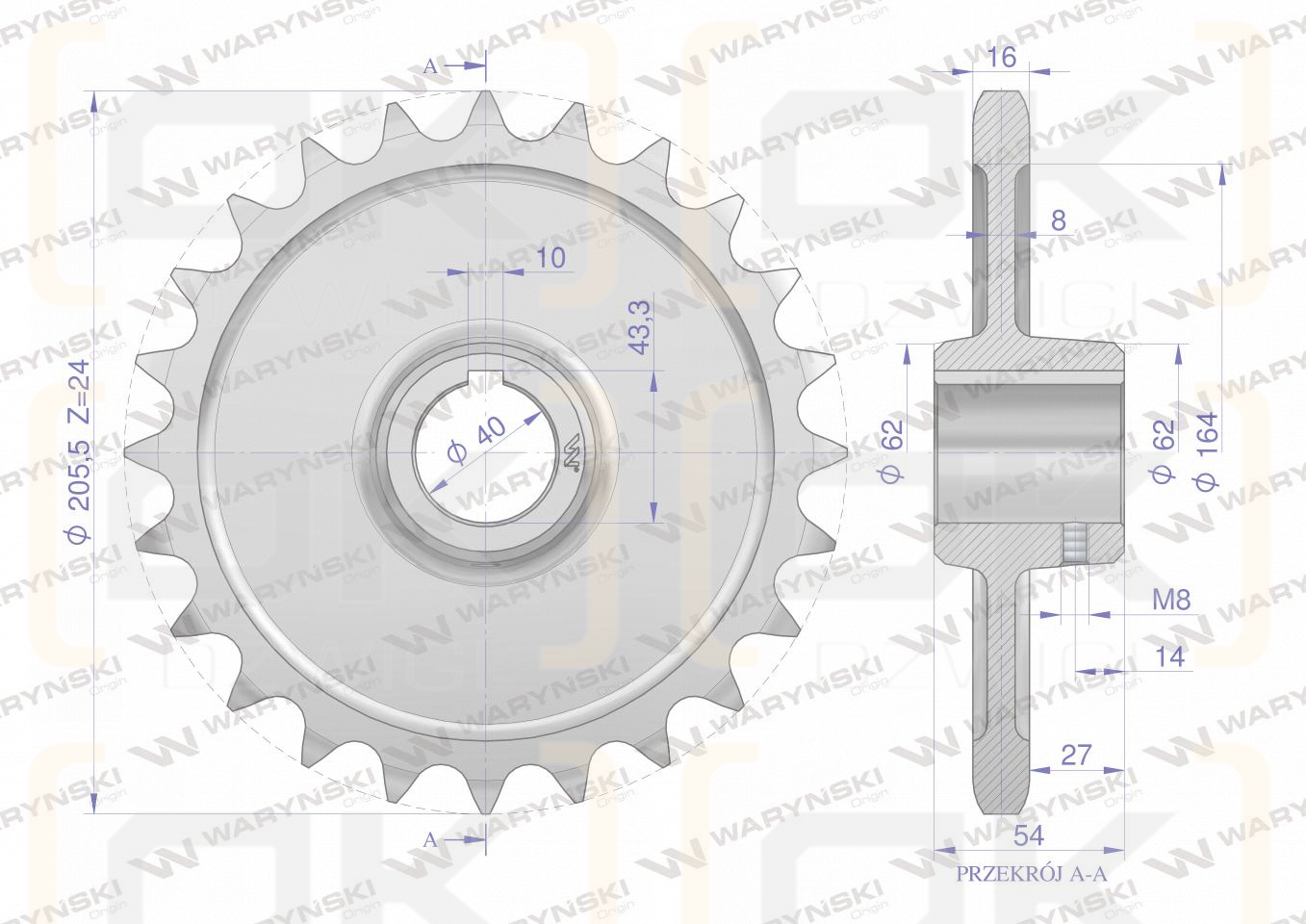 Hardened steel chain wheel Z-24 1" fi-40, Spreader, Waryński