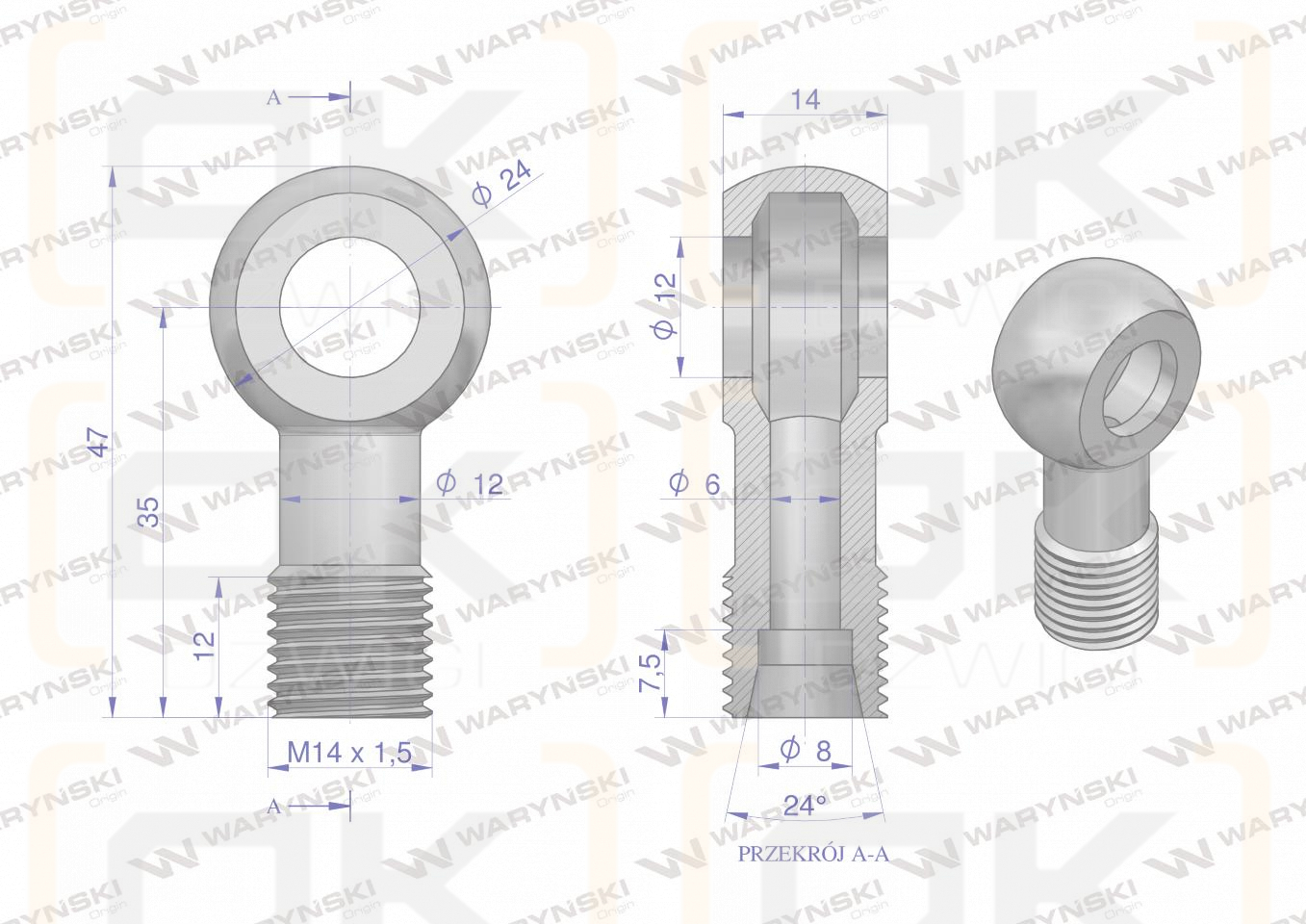 Złączka Oczkowa Fi12-8L (M14X1.5) Waryński  ( sprzedawane po 2 )