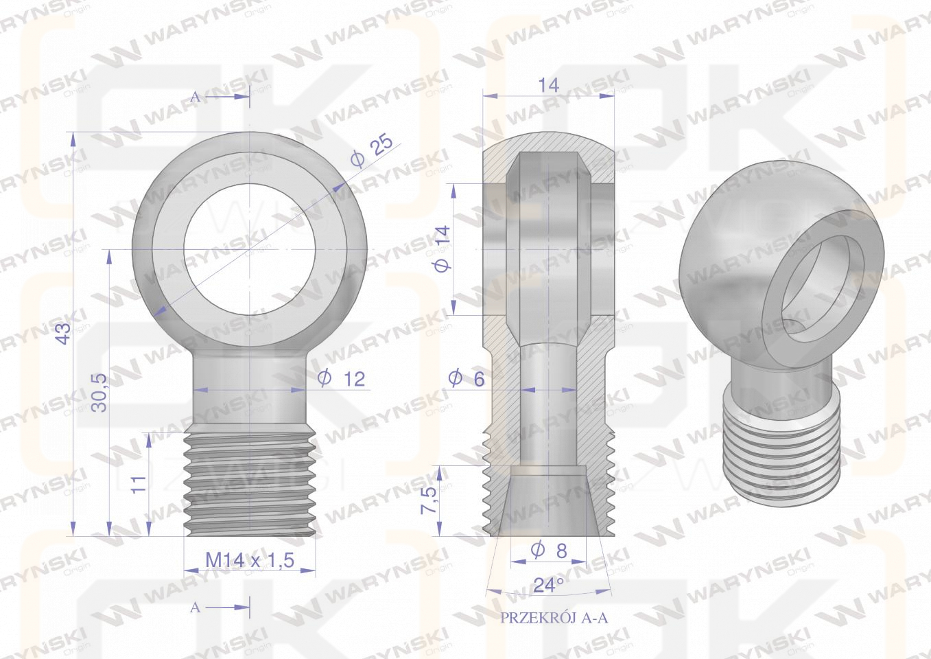 Złączka Oczkowa Fi14-8L (M14X1.5) Waryński  ( sprzedawane po 2 )