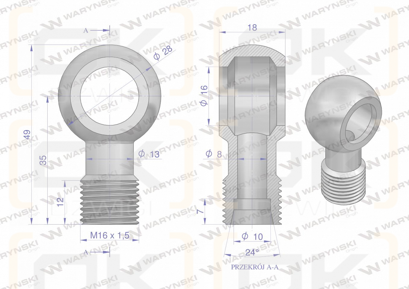 Złączka Oczkowa Fi16-10L (M16X1.5) Waryński  ( sprzedawane po 2 )