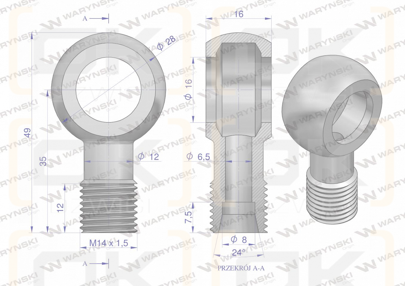 Złączka Oczkowa Fi16-8L (M14X1.5) Waryński  ( sprzedawane po 2 )