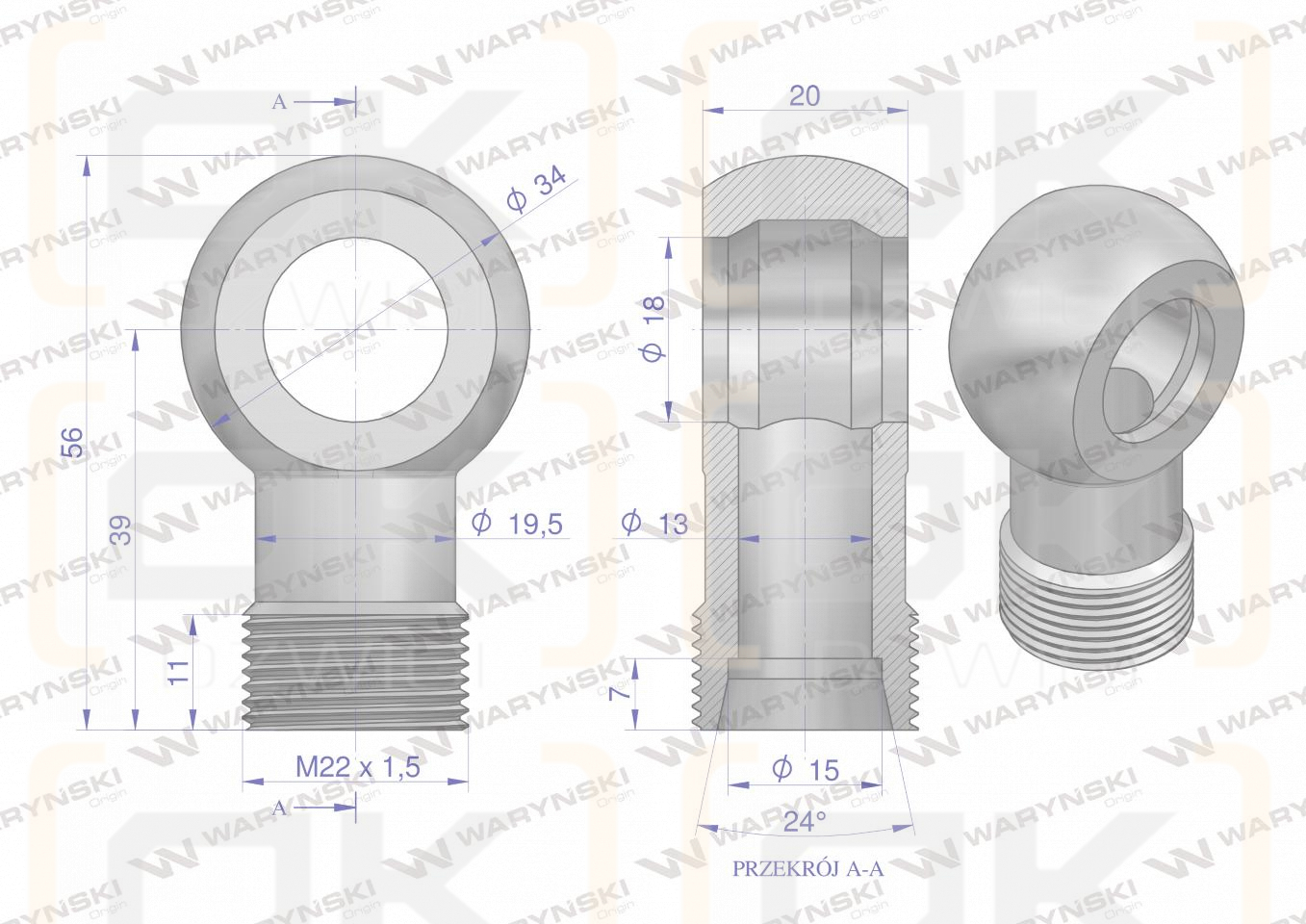 Złączka Oczkowa Fi18-15L (M22X1.5) Waryński  ( sprzedawane po 2 )