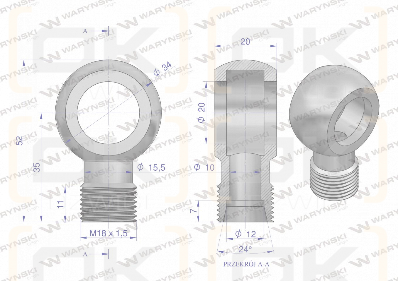 Złączka Oczkowa Fi20-12L (M18X1.5) Waryński  ( sprzedawane po 2 )