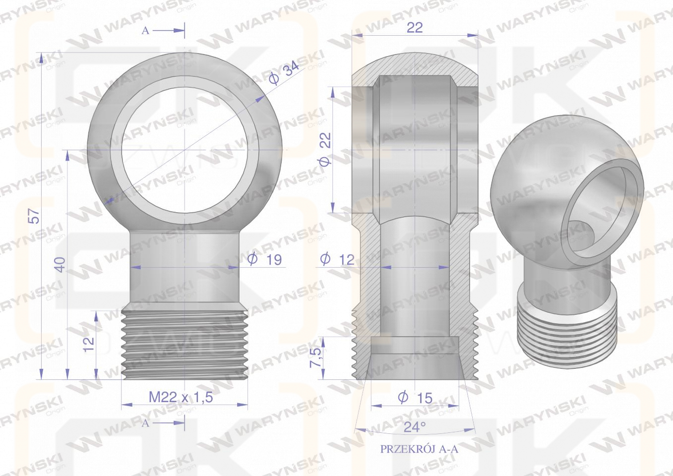 Złączka Oczkowa Fi22-15L (M22X1.5) Waryński  ( sprzedawane po 2 )