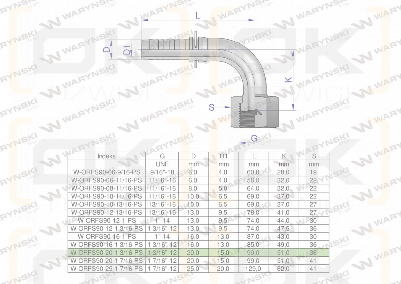 Zakucie hydrauliczne ORFS90 DN20 1 3/16-12 PREMIUM Waryński ( sprzedawane po 2 )