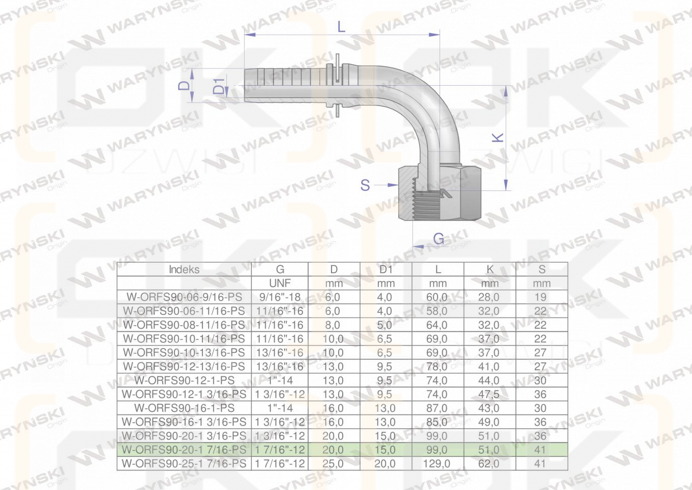 Zakucie hydrauliczne ORFS90 DN20 1 7/16-12 PREMIUM Waryński ( sprzedawane po 2 )