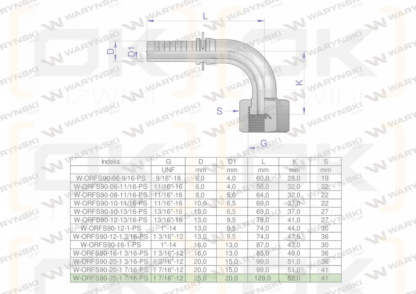 Zakucie hydrauliczne ORFS90 DN25 1 7/16-12 PREMIUM Waryński