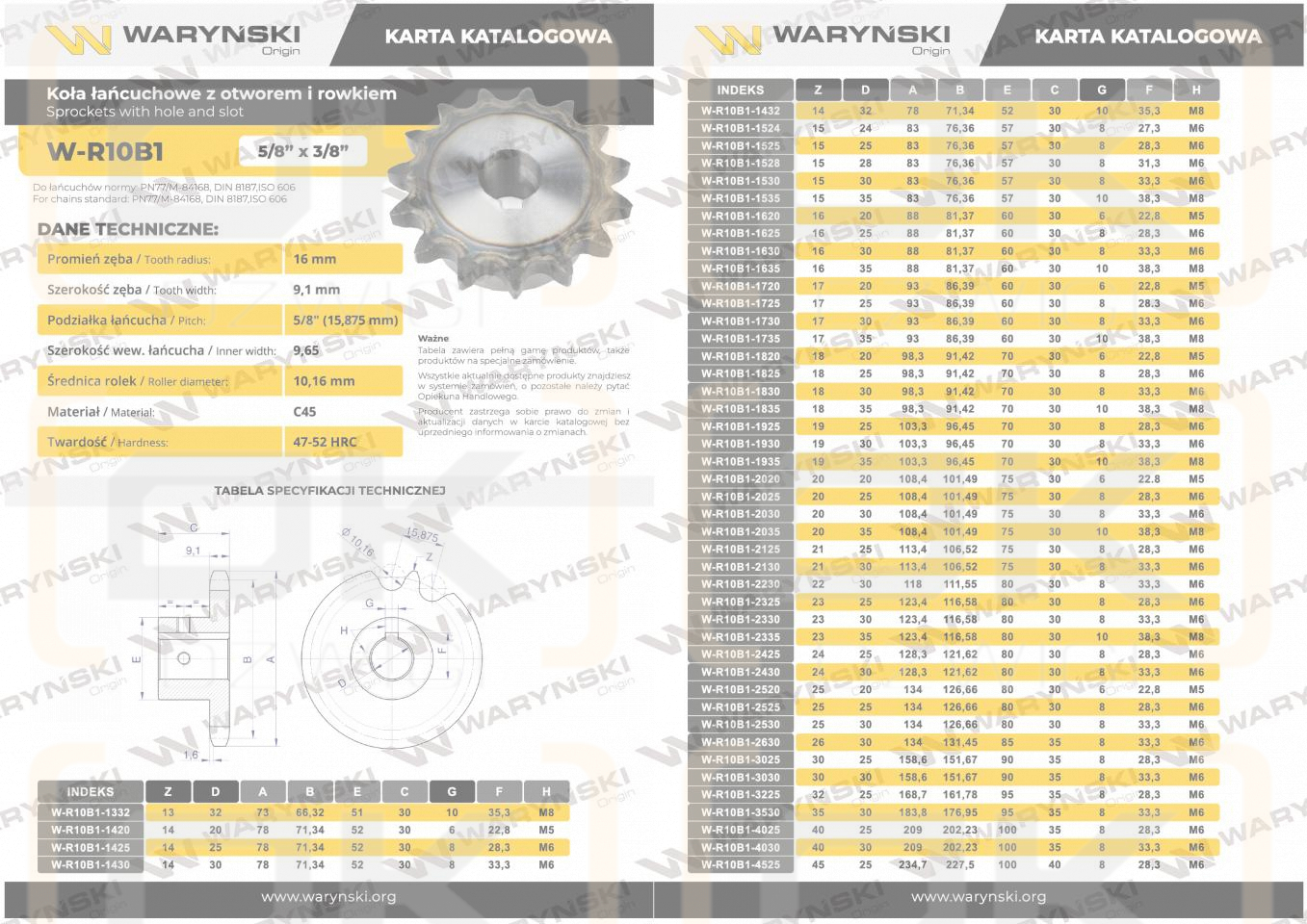 Цепное колесо, закаленное 10B1 (R1 5/8) Z-26 отверстие 30 мм, Waryński