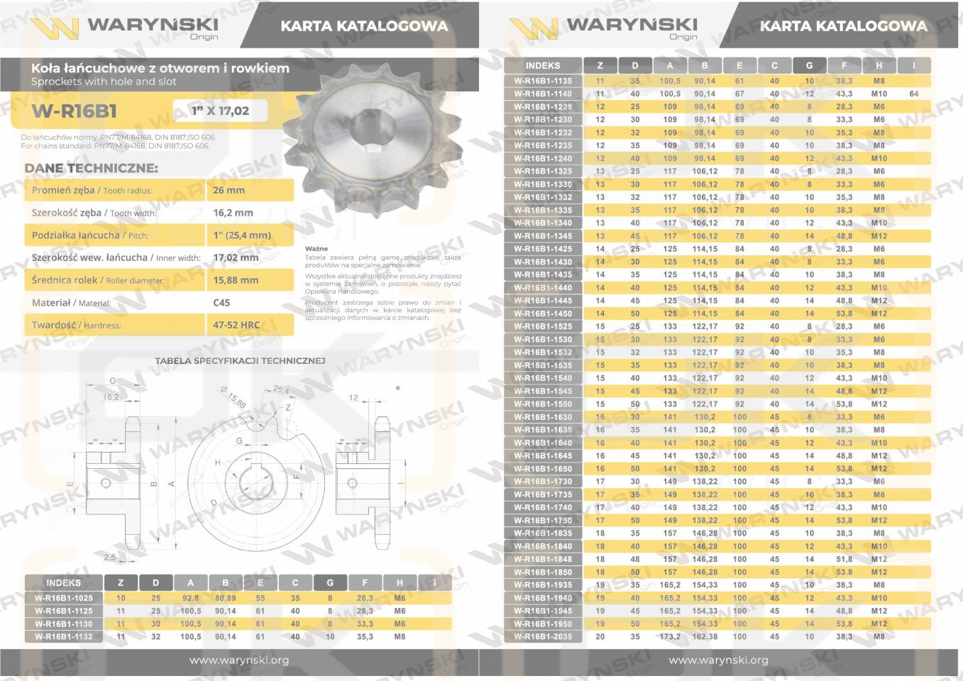 Chain wheel, hardened 16B1 (R1 1) Z-14 hole 45mm, Waryński