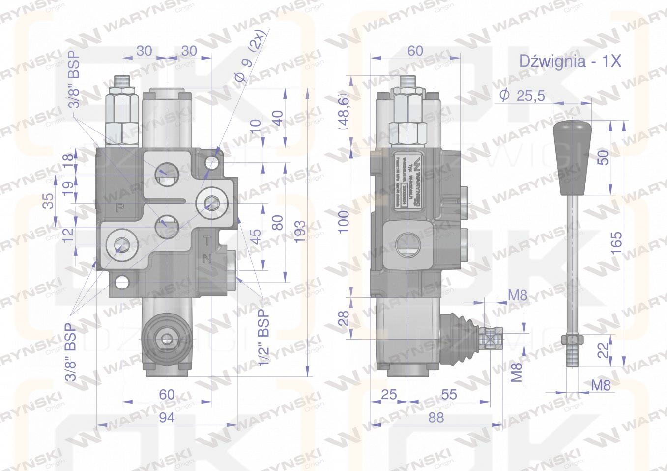 Rozdzielacz hydrauliczny 1-sekcyjny max przepływ 40L  Waryński
