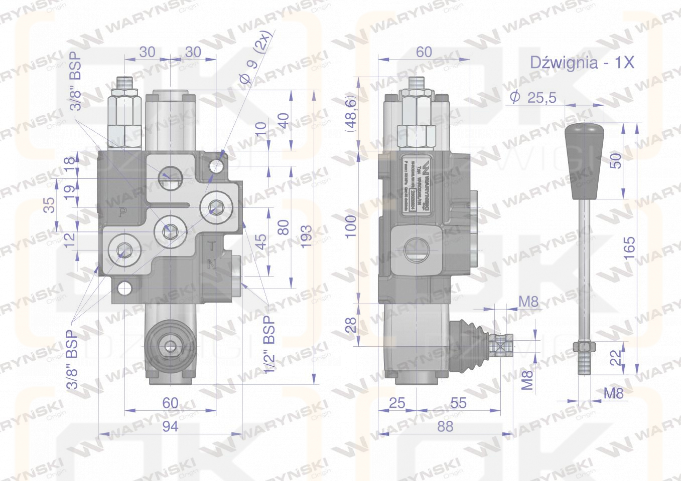 Rozdzielacz hydrauliczny 1-sekcyjny (sekcja nurnikowa) max przepływ 40L Waryński