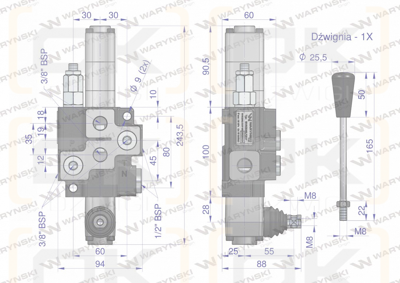 Rozdzielacz hydrauliczny 1-sekcyjny max przepływ 40L  z sekcją pływającą Waryński