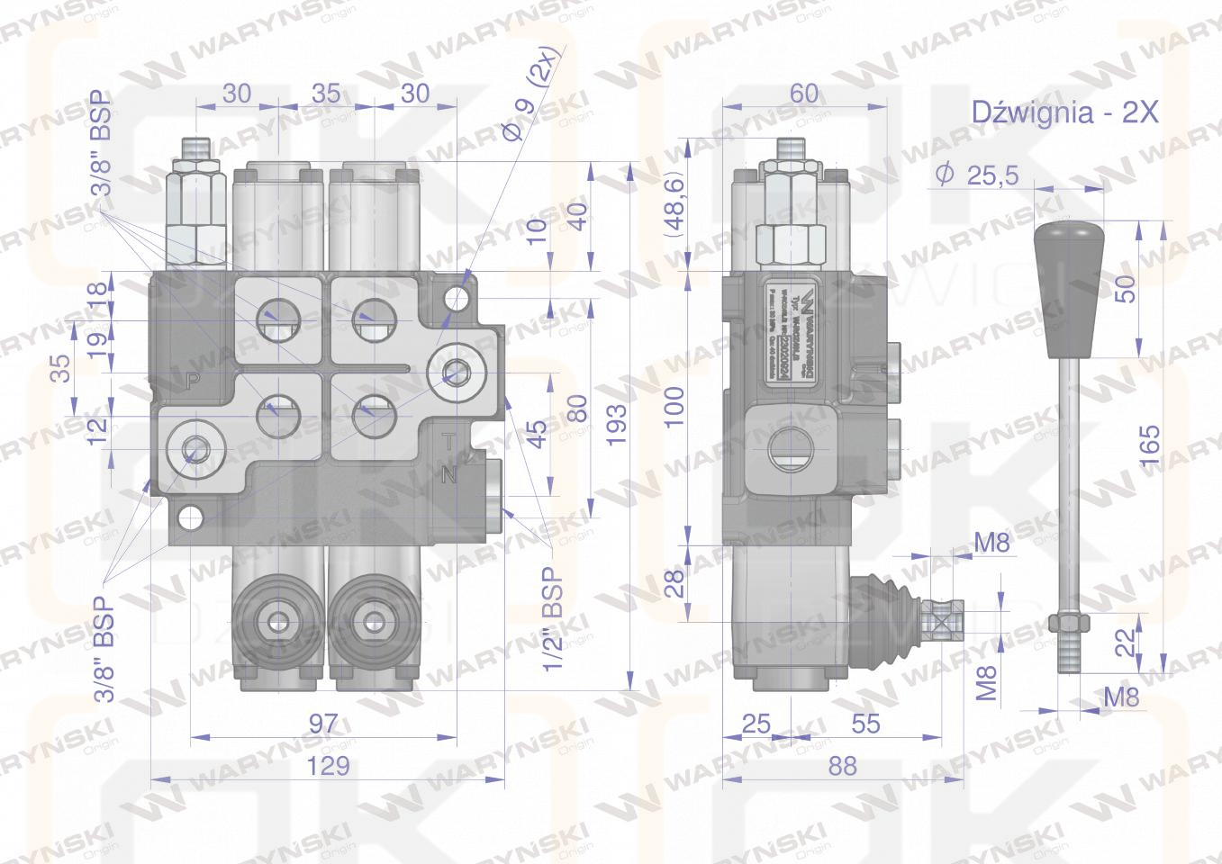 Rozdzielacz hydrauliczny 2-sekcyjny max przepływ 40L  Waryński