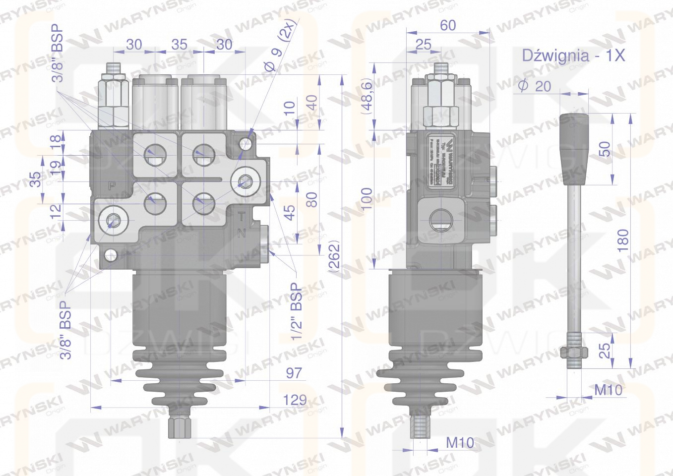 Rozdzielacz hydrauliczny 2-sekcyjny max przepływ 40L  z joystickiem  Waryński