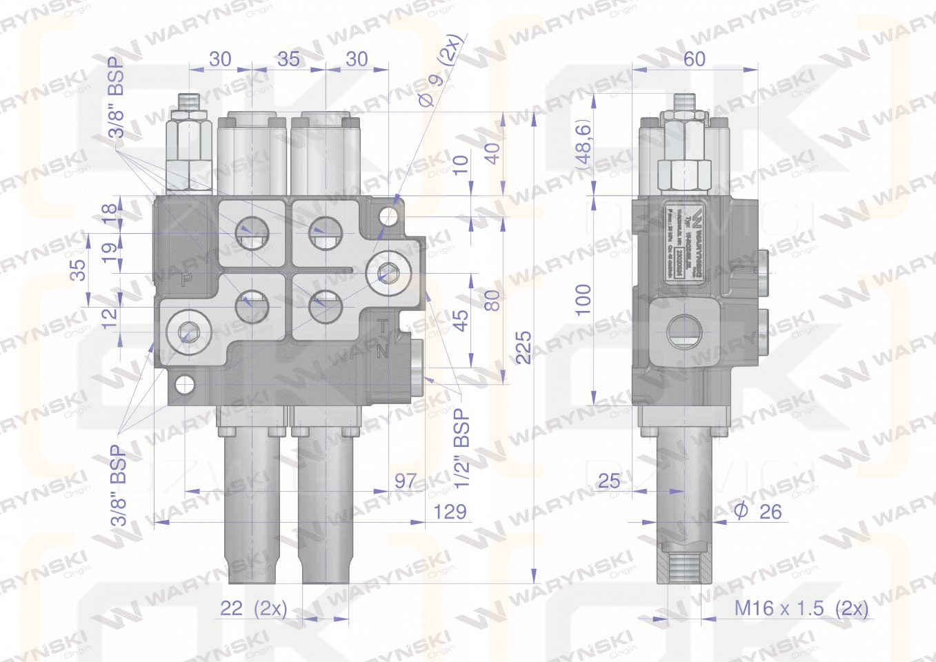 Rozdzielacz hydrauliczny dwusekcyjny (2) 40L sterowany joystickiem Waryński
