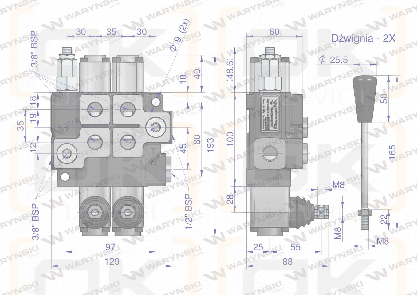 Rozdzielacz hydrauliczny 2-sekcyjny max przepływ 40L (1 sekcja - z zatrzaskiem) Waryński