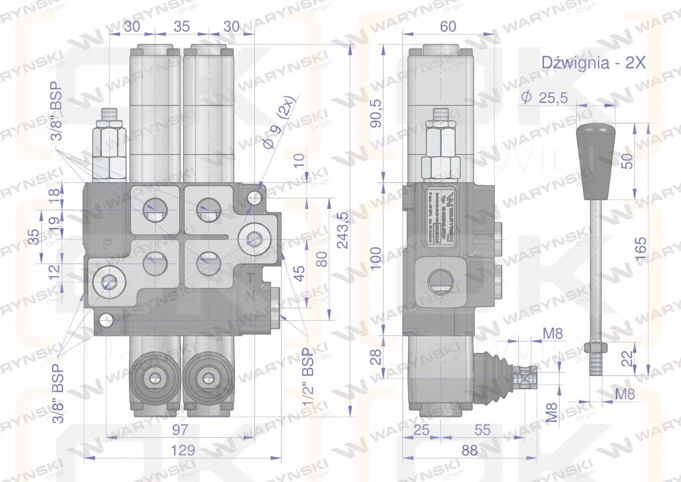 Rozdzielacz hydrauliczny 2-sekcyjny max przepływ 40L (2 sekcje - pływające) Waryński