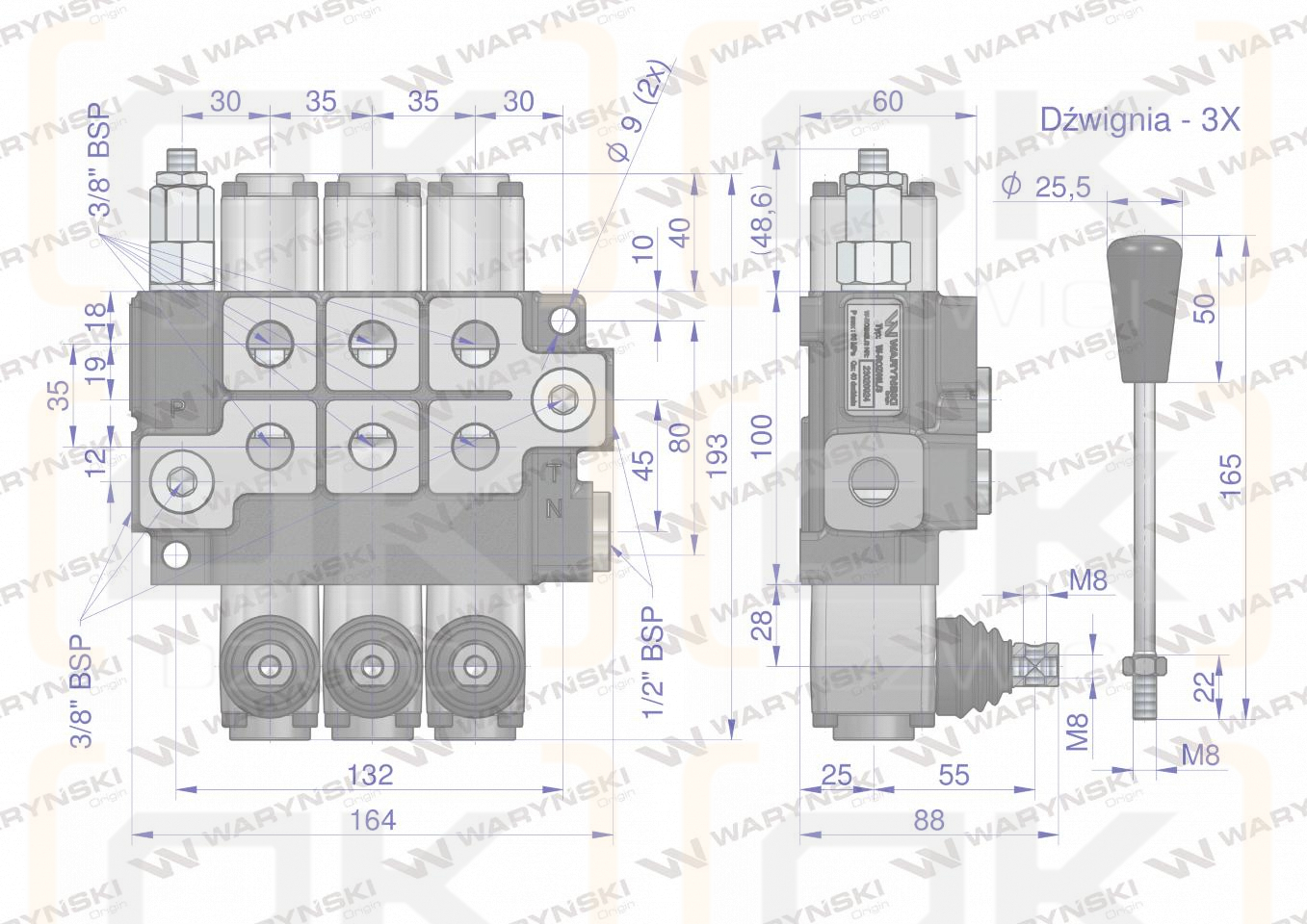 Rozdzielacz hydrauliczny 3-sekcyjny max przepływ 40L  Waryński