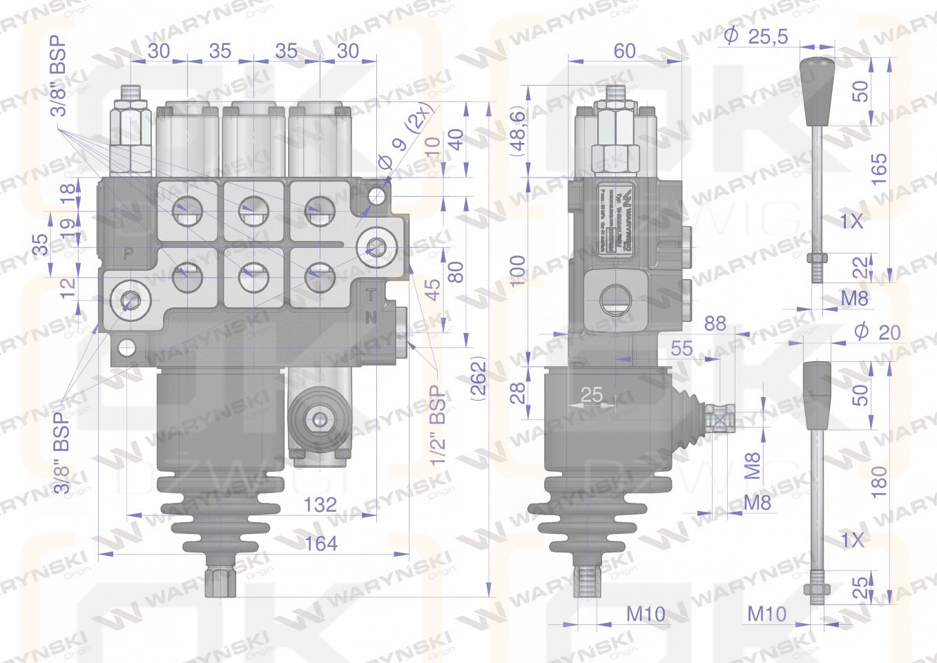Rozdzielacz hydrauliczny 3-sekcyjny max przepływ 40L (2 sekcje x 1 dźwignia + 1 sekcja x 1 dźwignia) Waryński