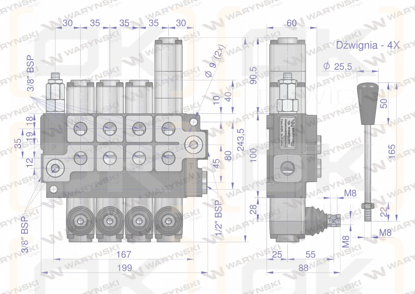 Rozdzielacz hydrauliczny 4-sekcyjny max przepływ 40L (1-sekcja pływająca) Waryński